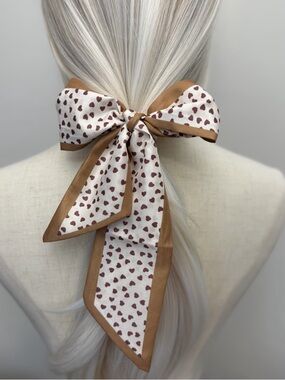 Cream Heart Print Skinny Scarf Brown Trim Twilly Hair Scarf